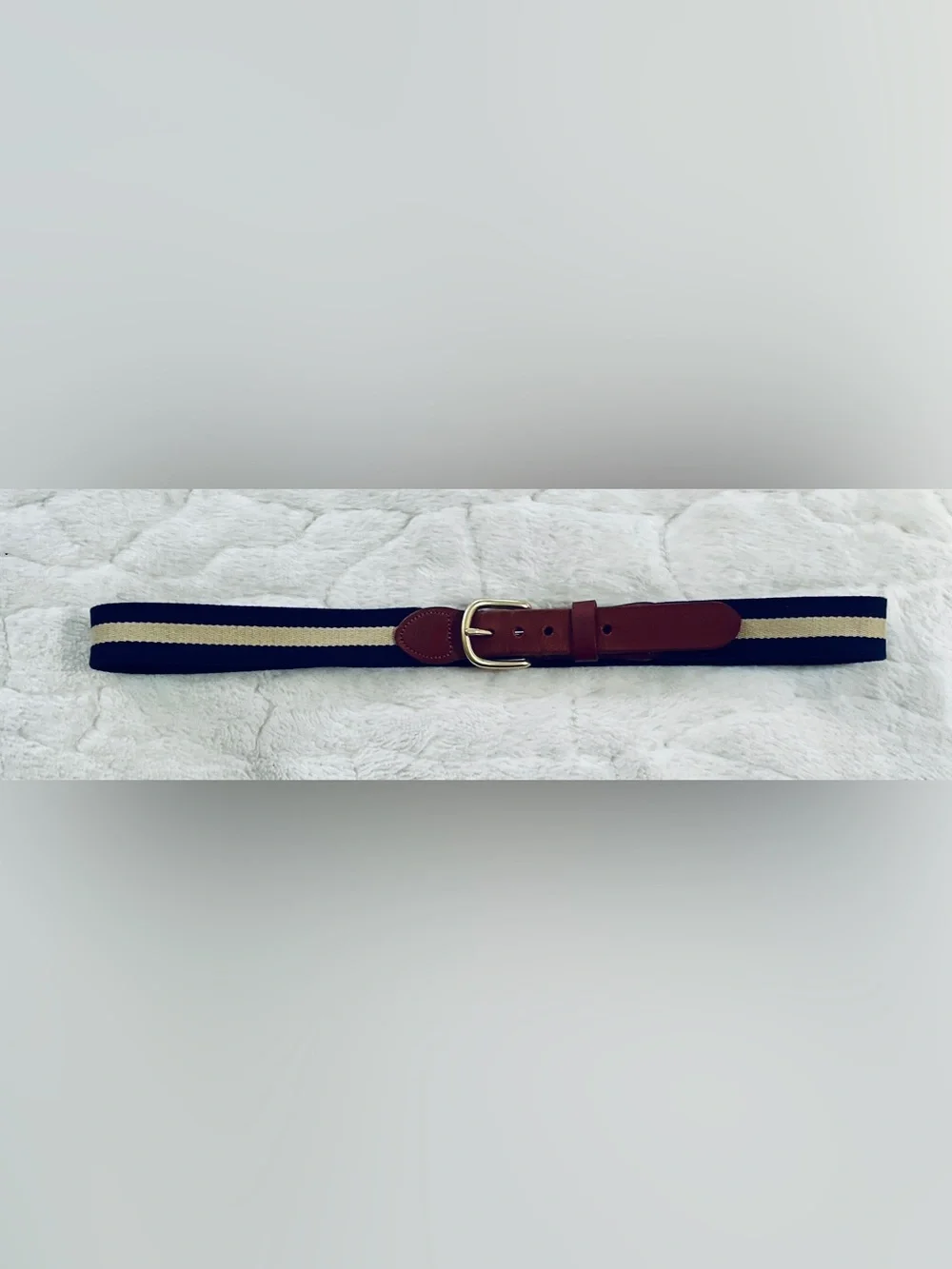 Vintage J. Press Navy and Tan Striped Surcingle / Ribbon Belt - Size 36